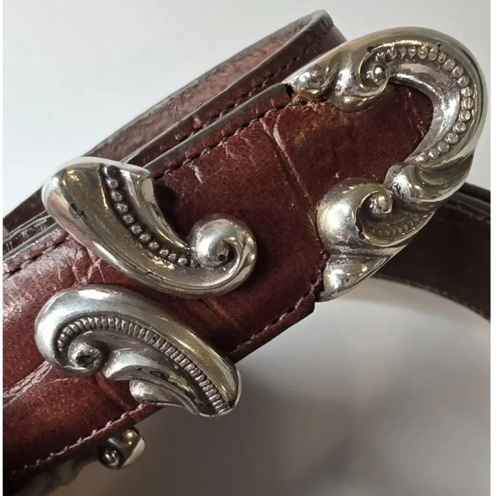 VTG Brighton Y2K Brown Croc Embossed Leather Belt 2X Ornate Scroll Buckle Silver
